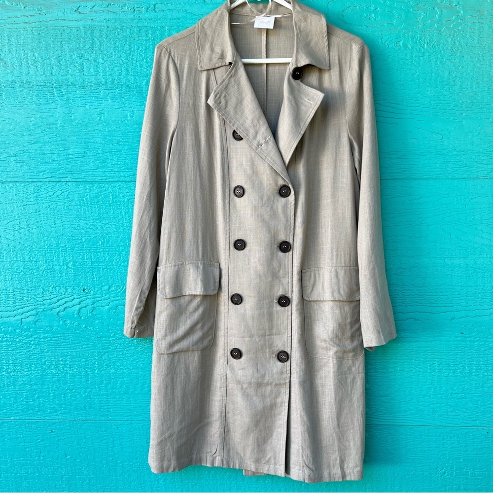 LIGHTWEIGHT COTTON FLAX DOUBLE BREASTED TRENCH COAT POCKETS KHAKI TAN SZ MEDIUM